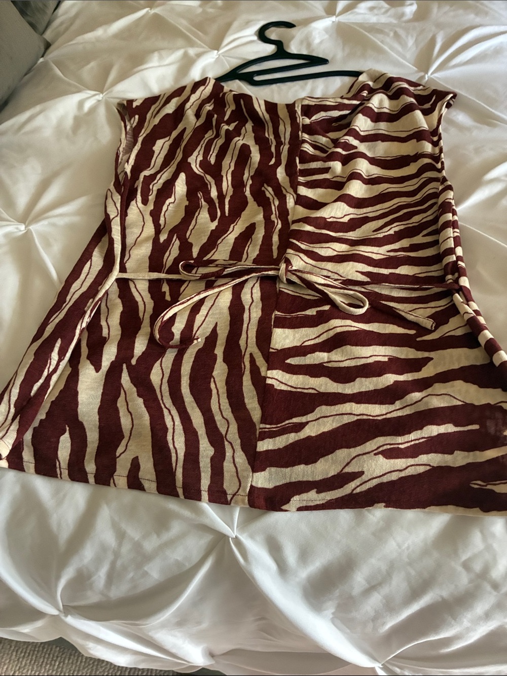 next Burgundy and Beige Zebra-Print Mini Skirt with Waist Tie